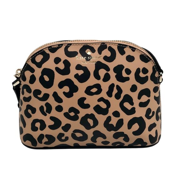 Kate Spade Tan & Black Leather Kali Leopard Print Dome Crossbody - Picture 1 of 10